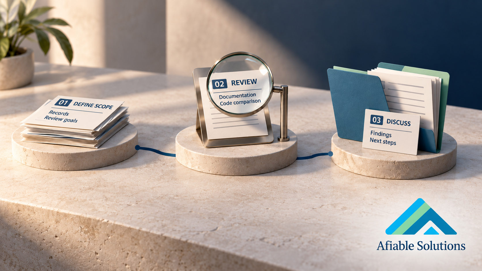 Three branded 3D stages labelled define scope, review and discuss, with notes about records, documentation and next steps.